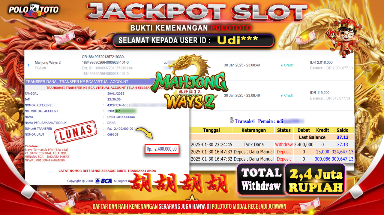 POLOTOTO JACKPOT SLOT MAHJONG WAYS 2 Rp.2,400.000,-