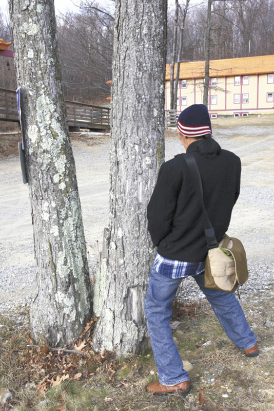 Ilustrasi seorang pria buang air kecil di pohon