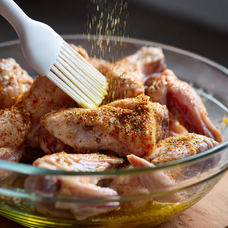 Raw chicken wings in a glass bowl being coated with oil and spices