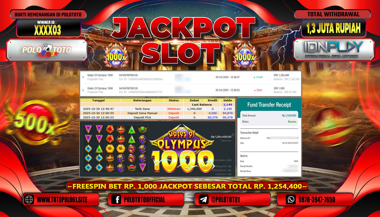 POLOTOTO JACKPOT SLOT GATES OF OLYMPUS 1000 Rp.1.300.000,- LUNAS