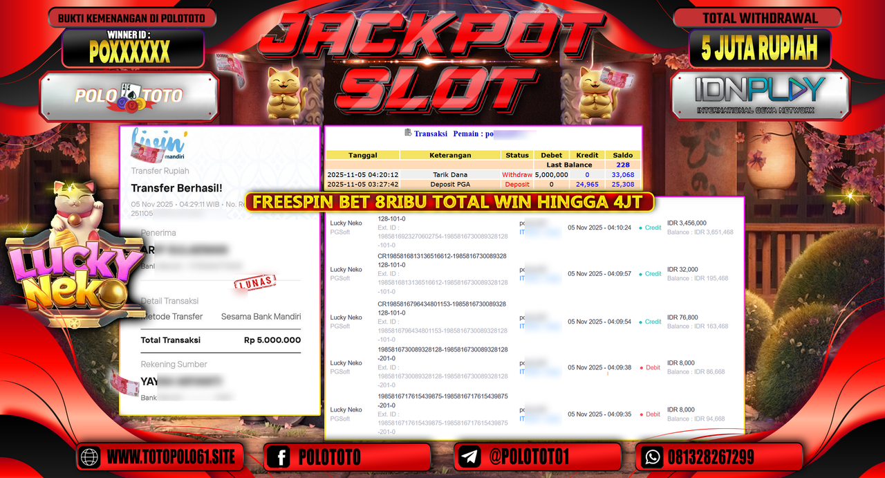 POLOTOTO JACKPOT SLOT LUCKY NEKO Rp.5.000.000,- LUNAS