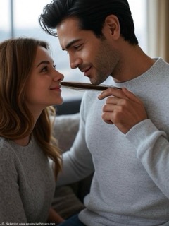 Close-up of a couple holding hands, one gently brushing hair from the other’s face, showing intimacy, trust, and emotional vulnerability