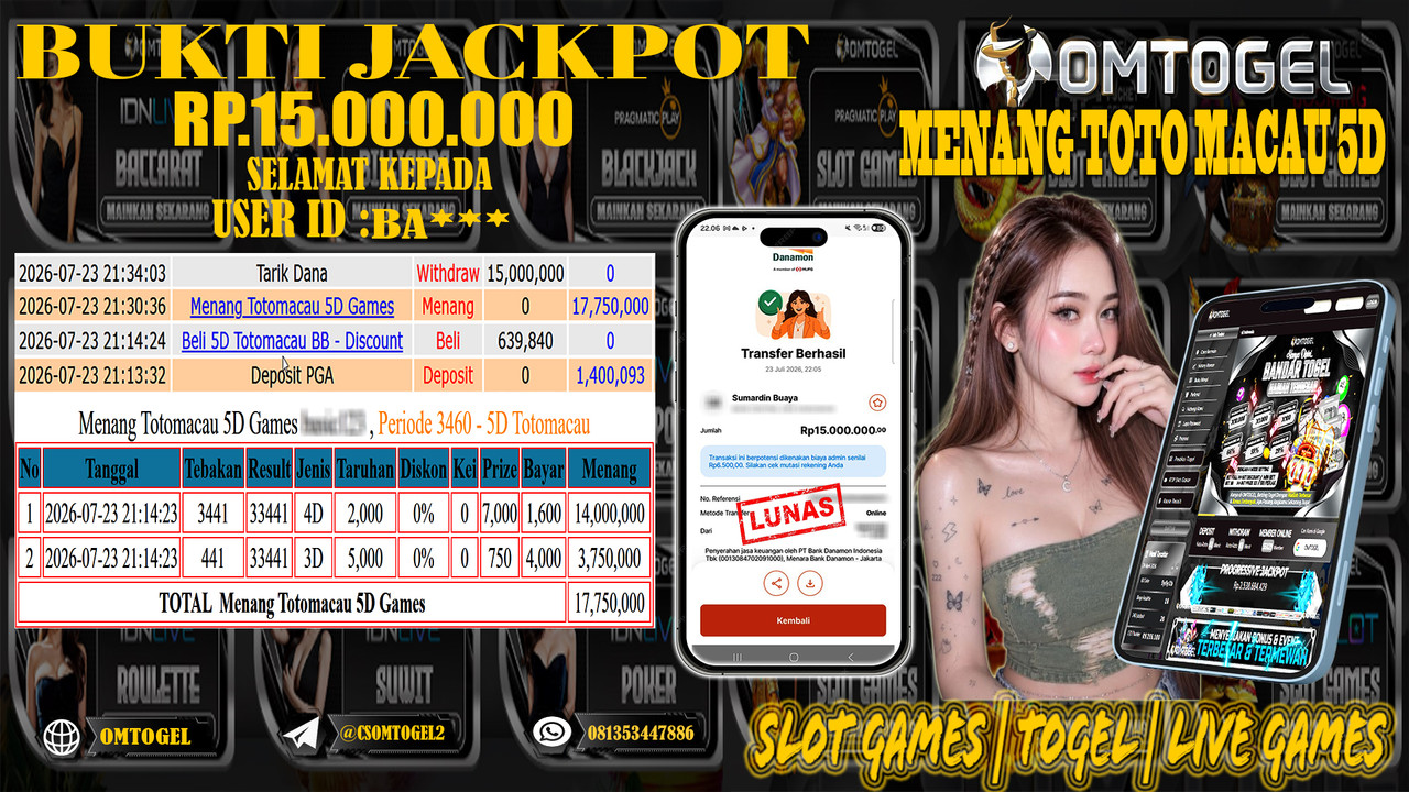OMTOGEL JACKPOT TOTO MACAU 5D  Rp,15,000,000,- DIBAYAR LUNAS