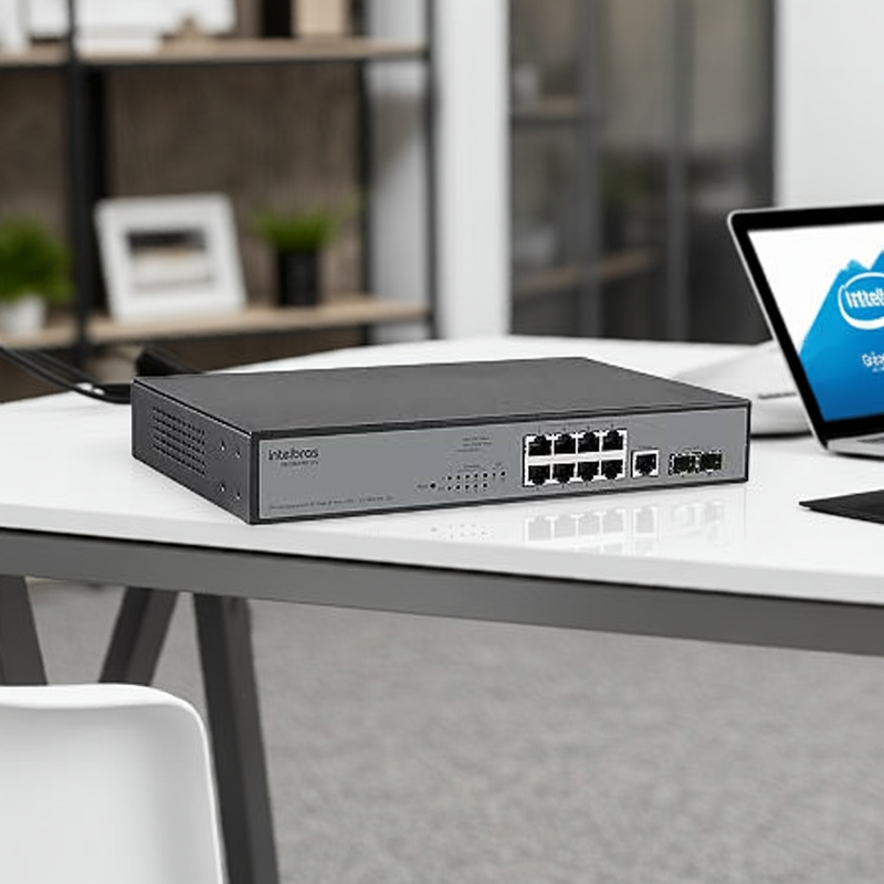 Detalhe do Switch Intelbras SG 1002 MR, mostrando a parte traseira com a fonte de alimentação interna.