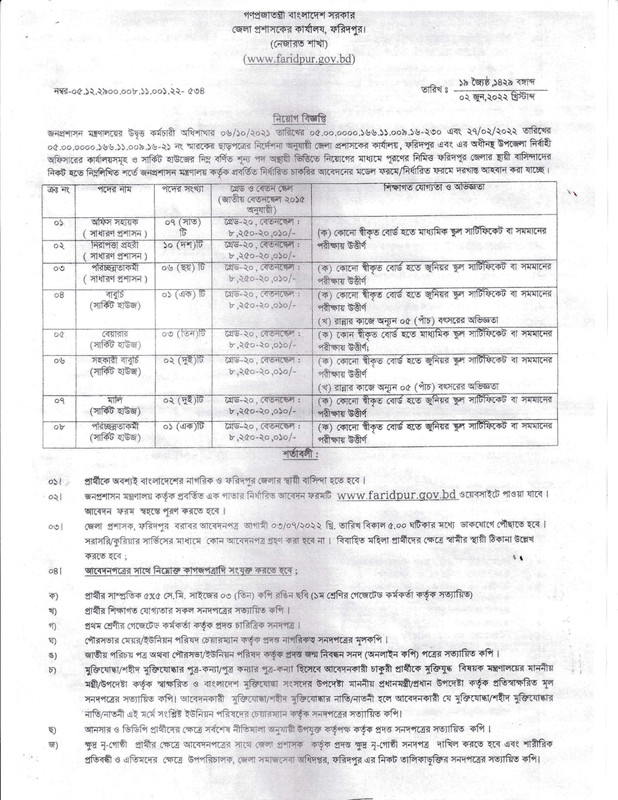 Faridpur DC Office Job Circular 2022