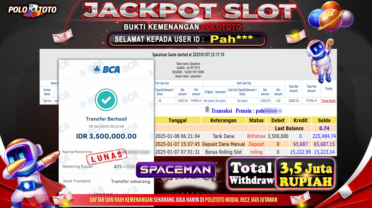 POLOTOTO JACKPOT SLOT SPACEMAN Rp.3,500.000,-