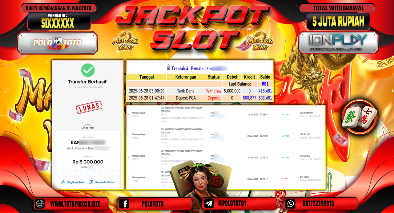 POLOTOTO JACKPOT SLOT MAHJONG WAYS Rp.5.000.000,-