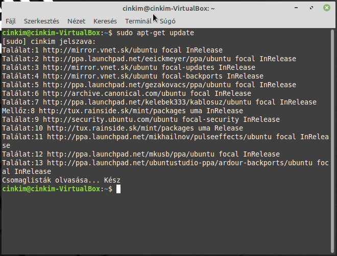 A felhasználói jelszó beírása és futtatása (Enter) után a sudo apt-get update parancssor lefut,