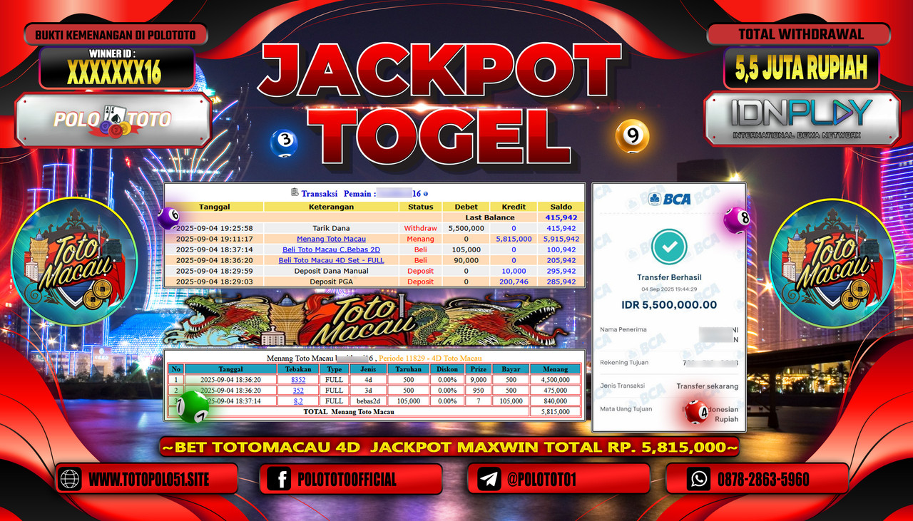 POLOTOTO JACKPOT TOGEL TOTO MACAU Rp.5.500.000,- LUNAS