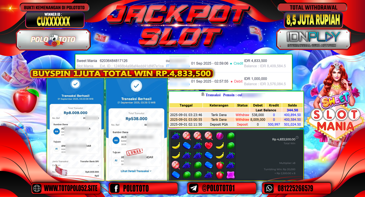 POLOTOTO JACKPOT SLOT SWEET MANIA Rp.8.547.000,-
