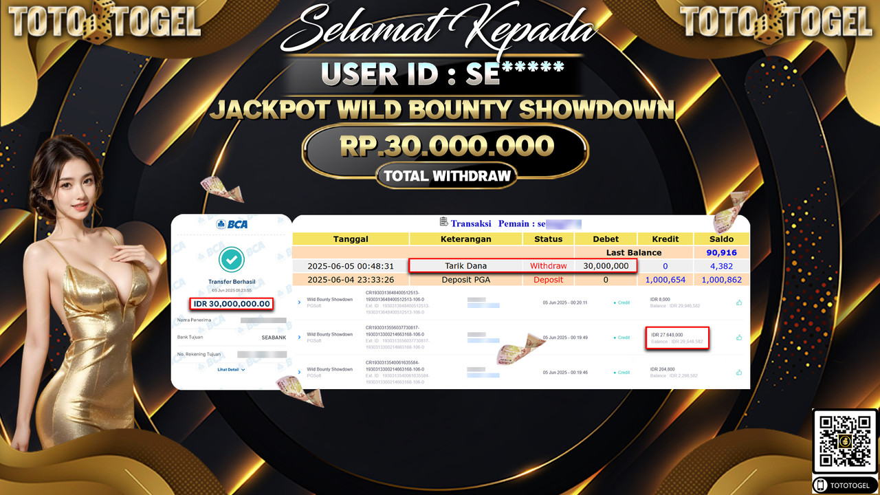 Bukti Pembayaran Jackpot Permainan Slot Wild Bounty Showdown ID:SE***** LUNAS
