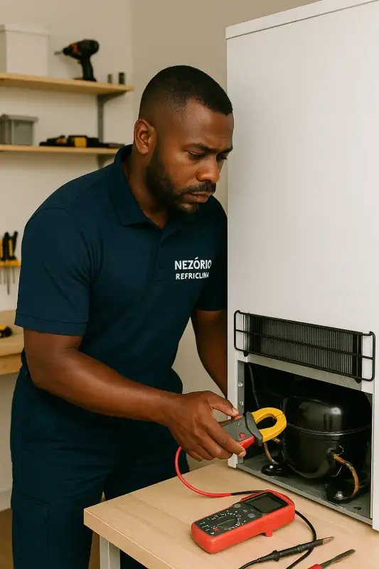 Técnico da Nezório testando o compressor de um freezer