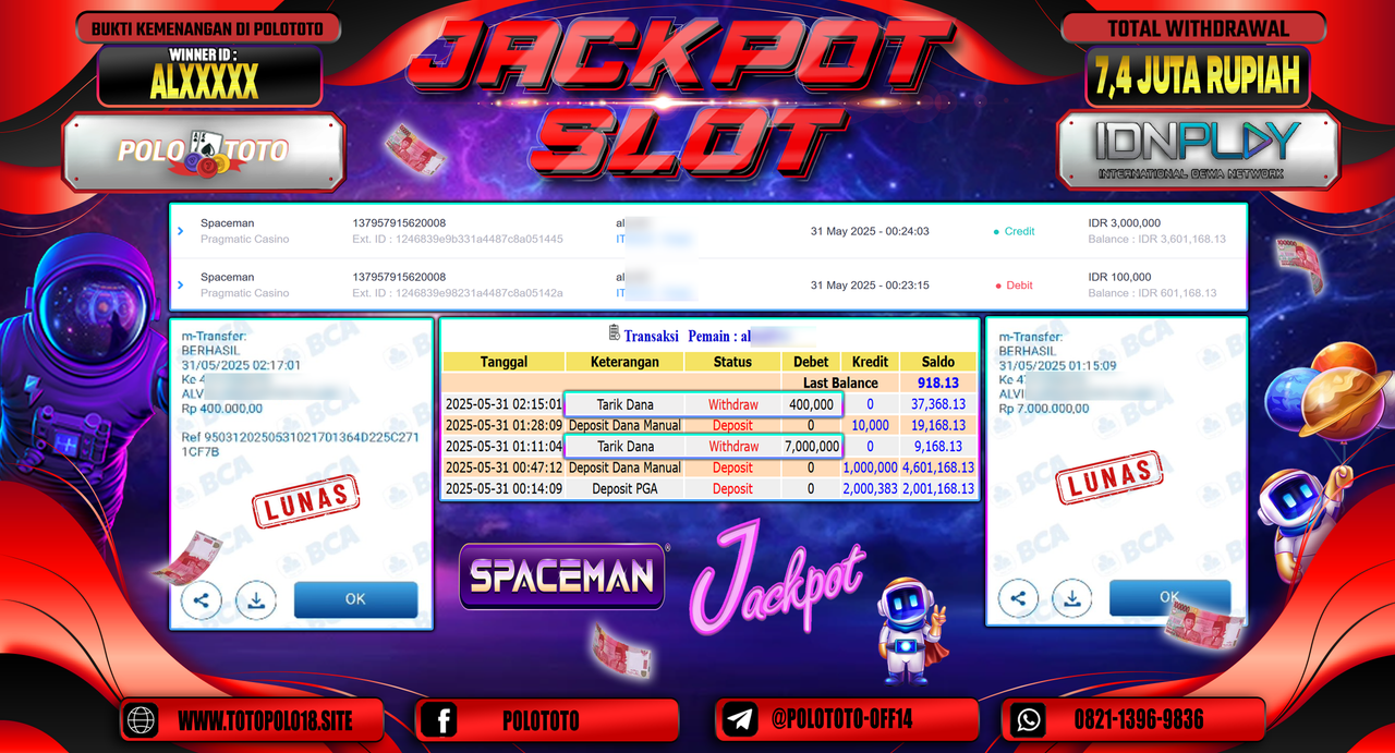 POLOTOTO JACKPOT SLOT SPACEMAN Rp.7.400.000,-