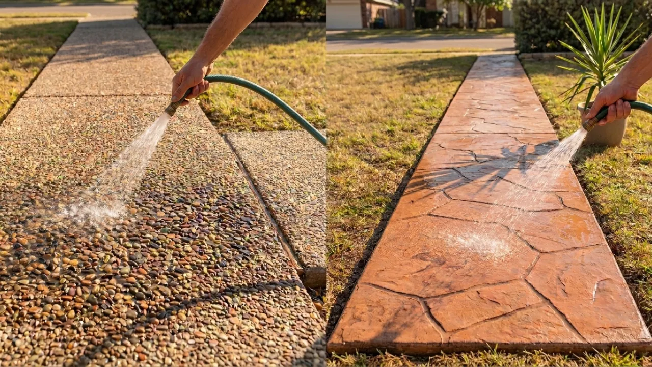 Wide view comparing exposed aggregate concrete patio texture (natural pebble surface) and stamped concrete patio pattern (brick design with color) — two decorative options for San Antonio outdoor living spaces installed by Affordable Concrete San Antonio