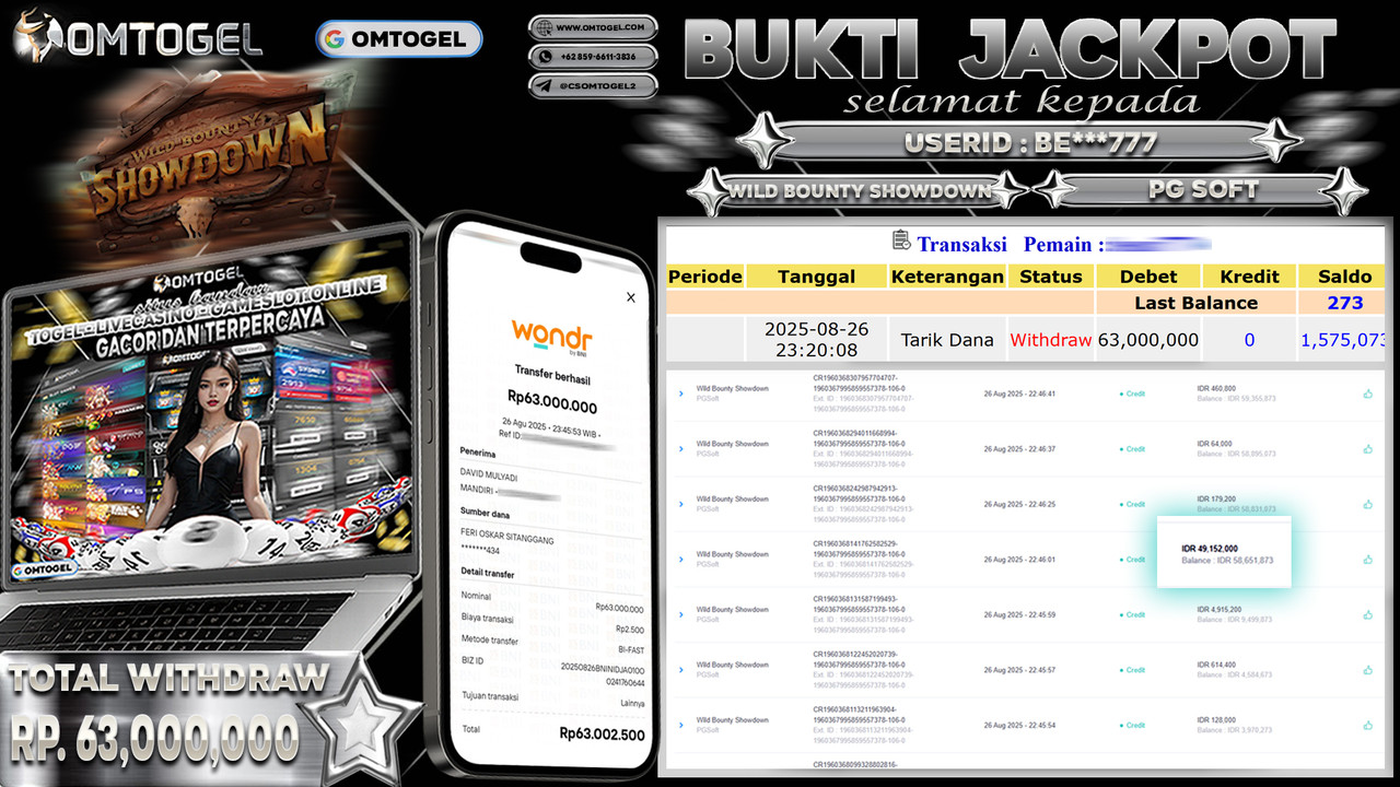 OMTOGEL JACKPOT PGSOFT WILD BOUNTY SHOWDOWN 63 JUTA DI BAYAR LUNAS ,-