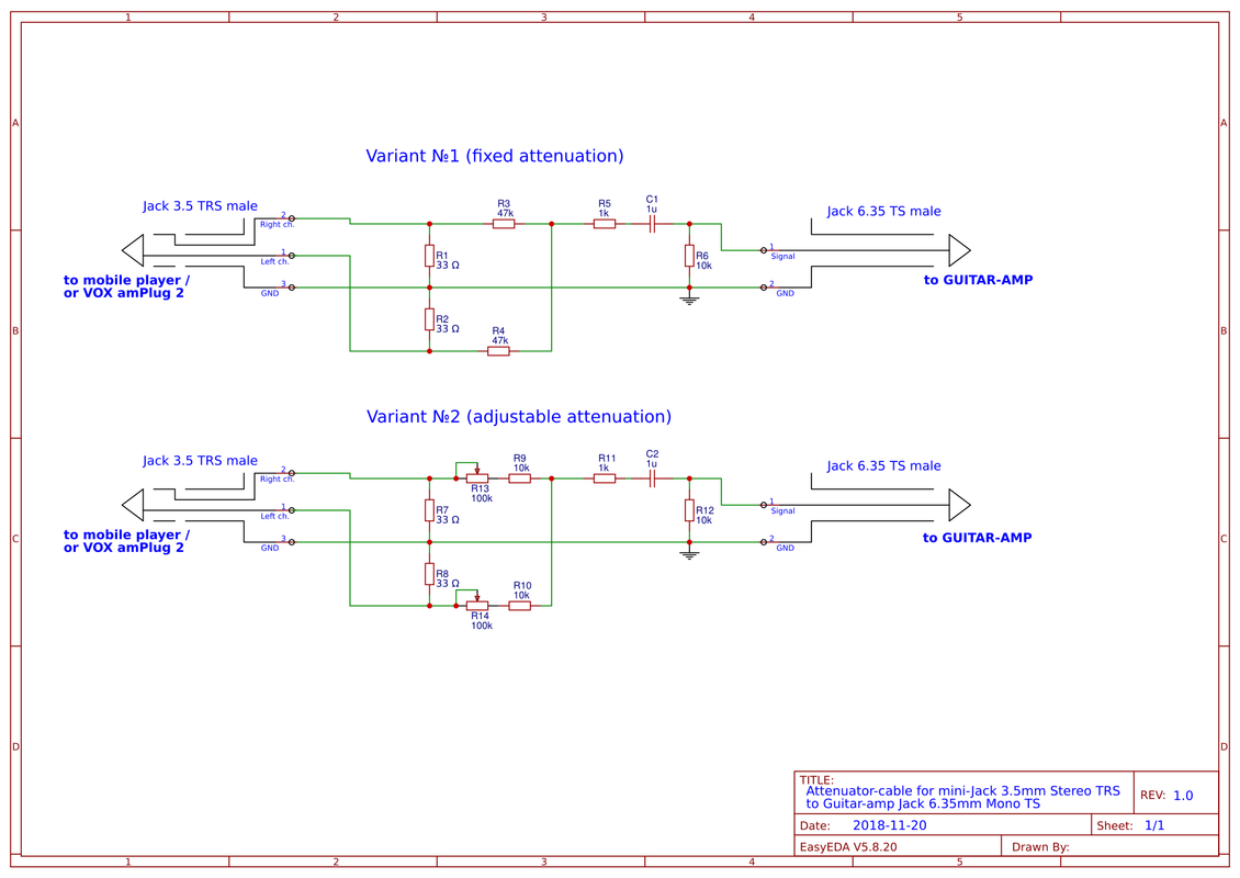 Schematic Attenuator cable for mini jack 3 5mm Stereo TRS to gui