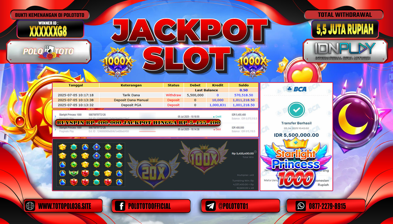 POLOTOTO JACKPOT SLOT STARLIGHT PRINCESS 1000 Rp.5.500.000,- LUNAS