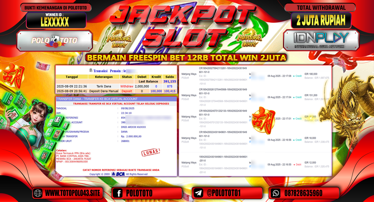 POLOTOTO JACKPOT SLOT MAHJONG WAYS Rp.2.000.000,-LUNAS