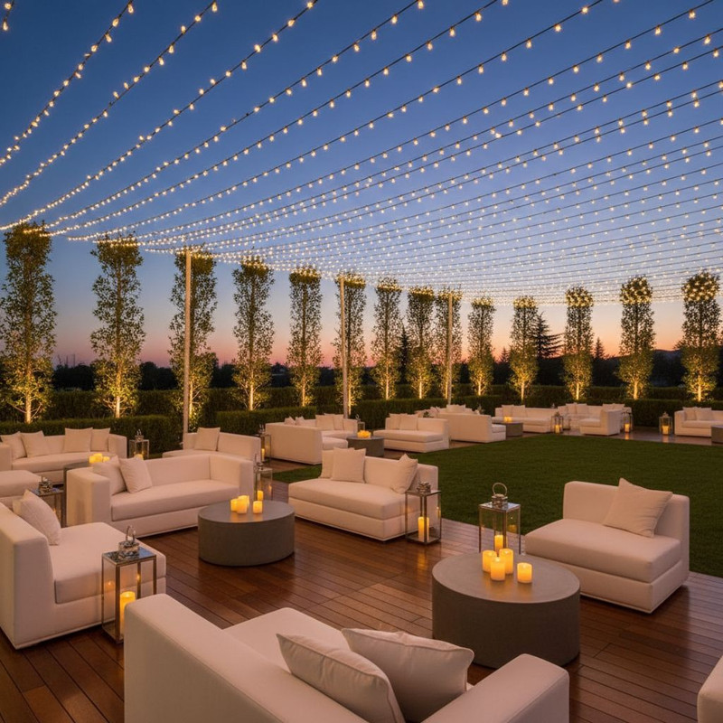 Стильная лаунж-зона с арендованной мебелью, демонстрирующая преимущества проката для мероприятий.