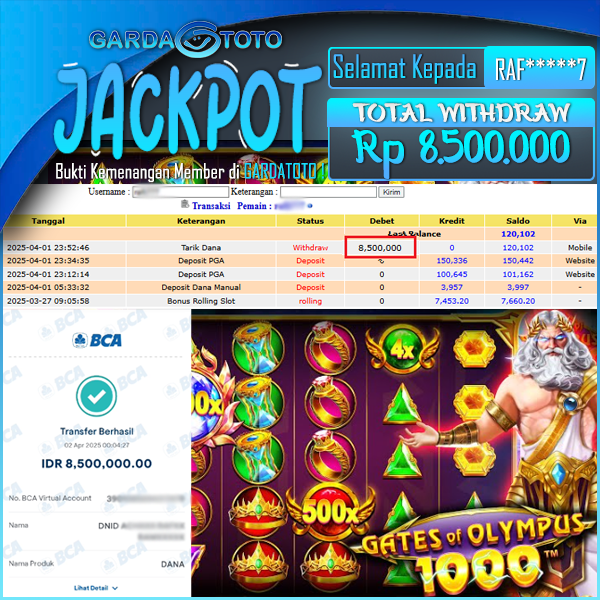 JACKPOT SLOT MAIN DI SLOT GATES OF OLYMPUS 1000 WD Rp 8.500.000,- DIBAYAR LUNAS GARDATOTO MANTAP !