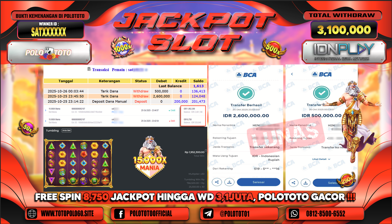 POLOTOTO JACKPOT SLOT 15.000 MANIA Rp.3.100.000,- LUNAS