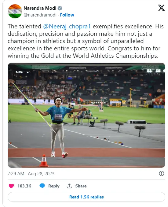 Image for PM Narendra Modi Congratulated Neeraj Chopra