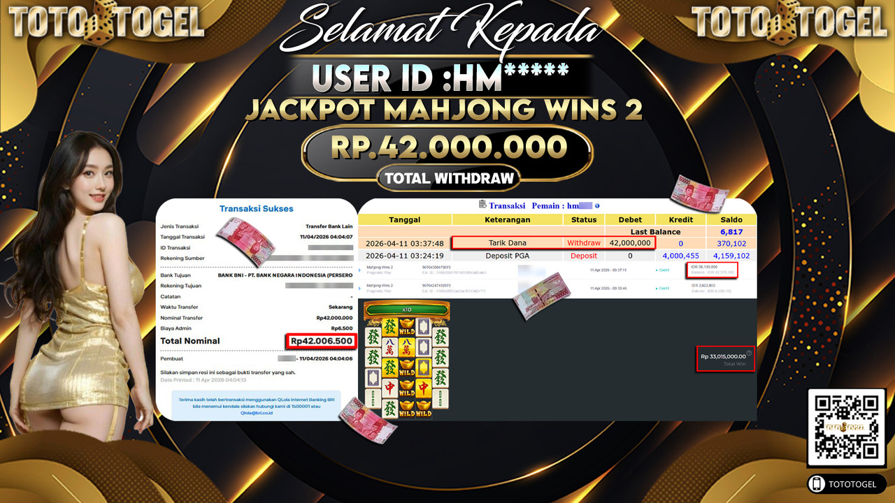 Bukti Pembayaran Jackpot Permainan Slot Mahjong Wins 2 ID:HM*****LUNAS