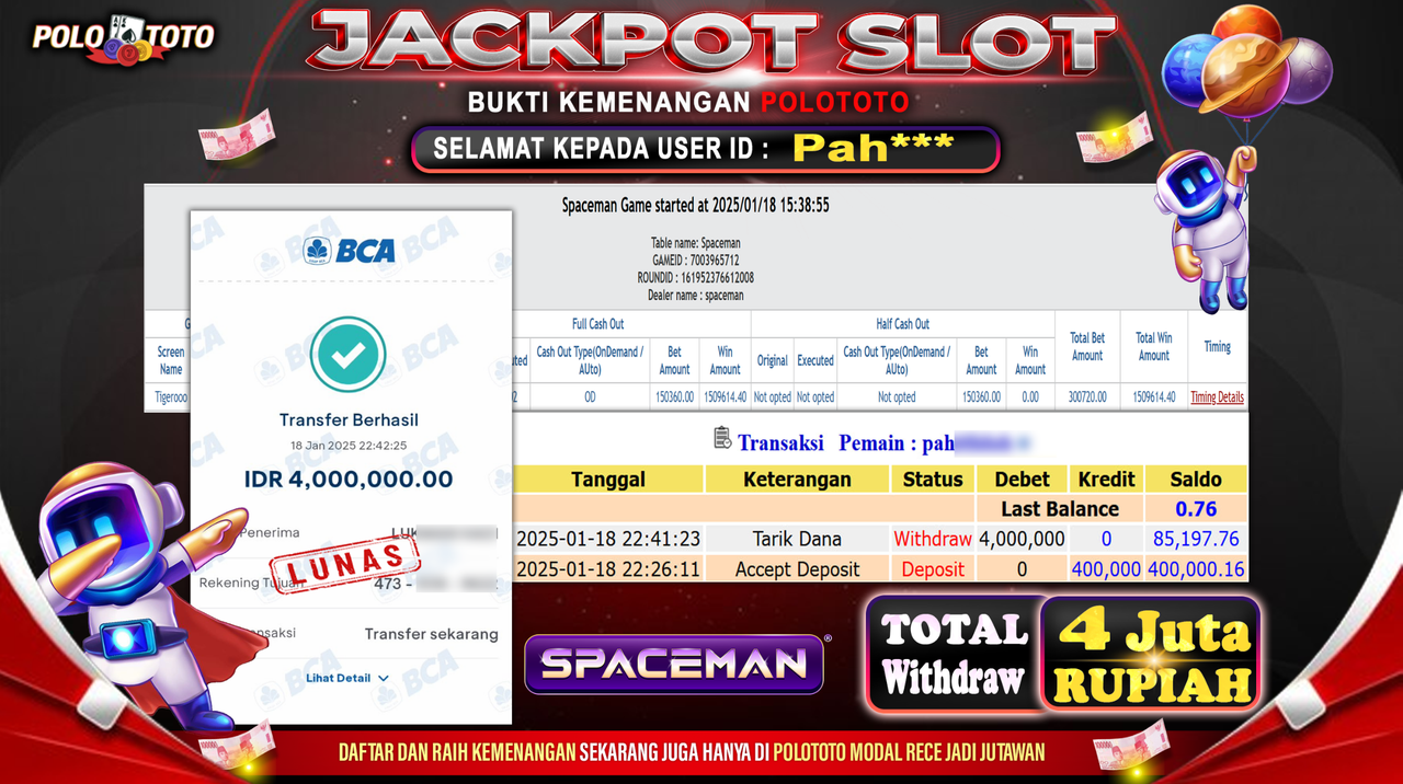 POLOTOTO JACKPOT SLOT SPACEMAN Rp.4,000.000,-