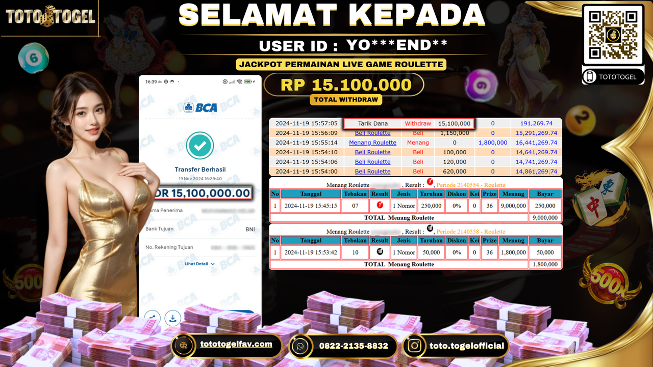 Bukti Pembayaran Jackpot Permainan Slot Live Game Roulette  ID: YO***END** LUNAS 