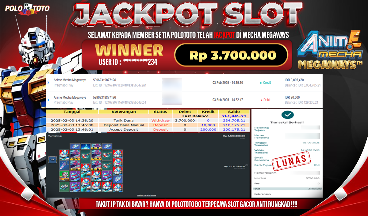 POLOTOTO JACKPOT SLOT ANIME MECHA MEGAWAYS Rp.3,700.000,-