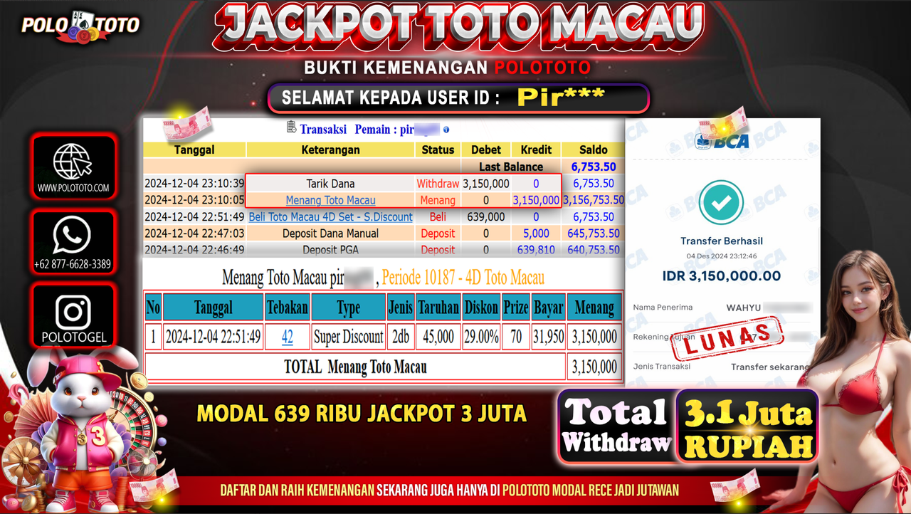POLOTOTO JACKPOT TOGEL TOTO MACAU Rp.3,150.000,-
