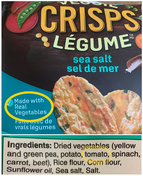 photo of a veggie crisps snack bag showing text 'Made with real vegetables' and ingredients including tomato