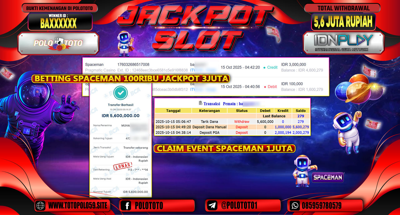 POLOTOTO JACKPOT SLOT SPACEMAN Rp.5.600.000,- LUNAS
