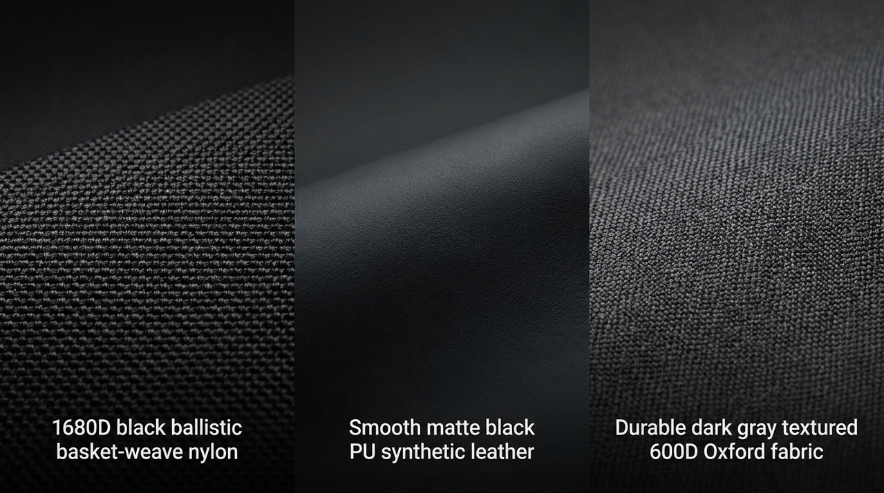 Comparative cover image showing three custom carrying cases made of 1680D ballistic nylon, PU leather, and Oxford fabric.