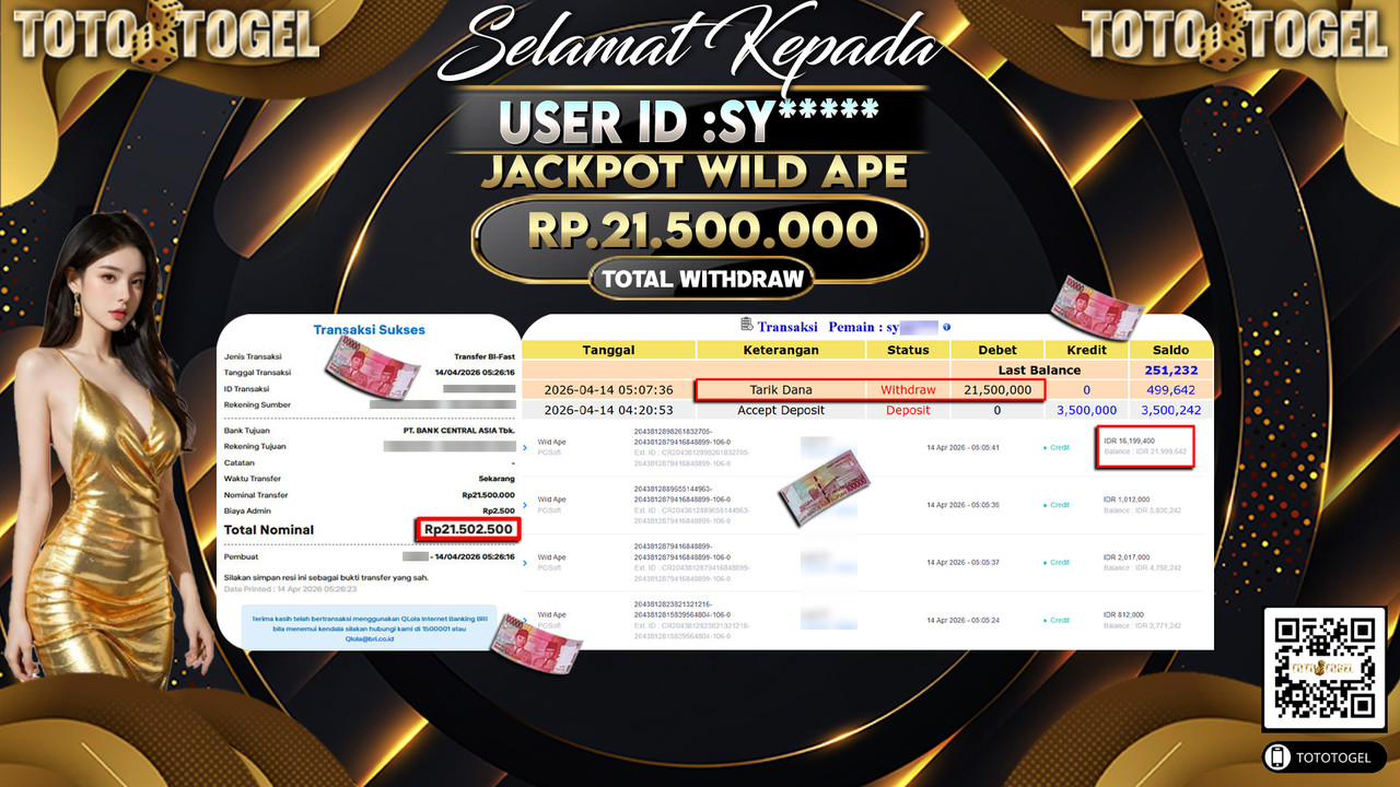 Bukti Pembayaran Jackpot Permainan Slot Wild Ape ID:SY*****LUNAS