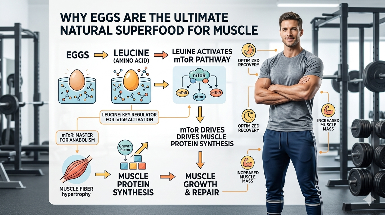 Diagram showing leucine activating mTOR pathway for muscle protein synthesis for why eggs are the ultimate natural superfood for muscle