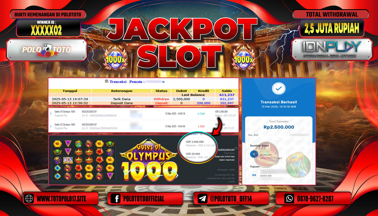 POLOTOTO JACKPOT SLOT GATES OF OLYMPUS 1000 Rp.2.500.000,-