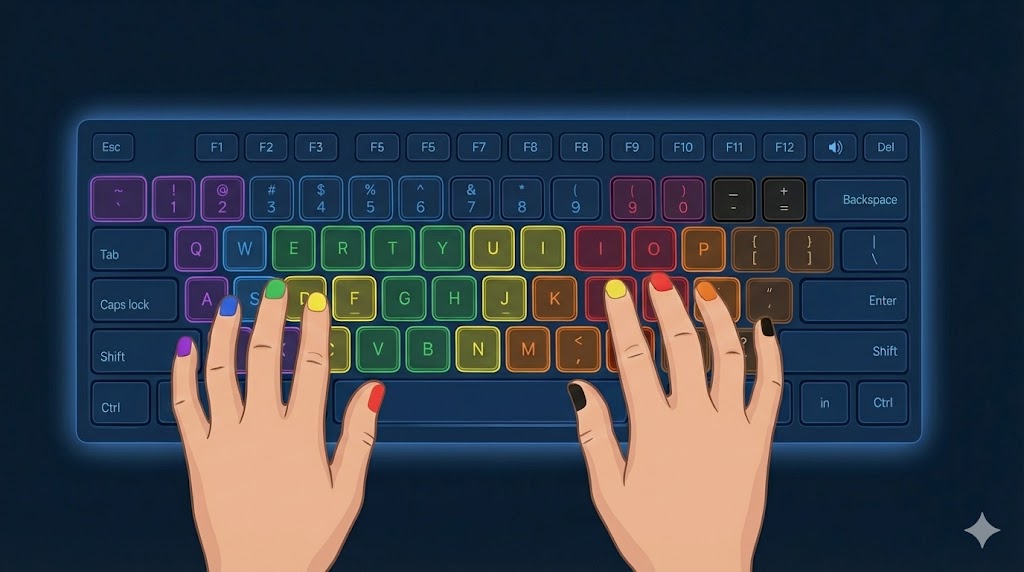 An illustration of proper typing posture and hand positioning.