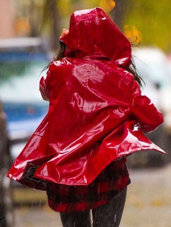 Danielle Campbell in the shiny red PVC mac (2)