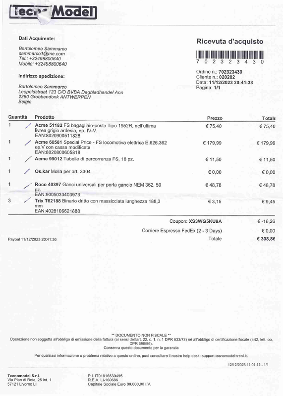Tecnomodel - Ordine 702323430 - ACME Art 60581 - E626 362   ACME Art 51182 Carro DUI - €308,86