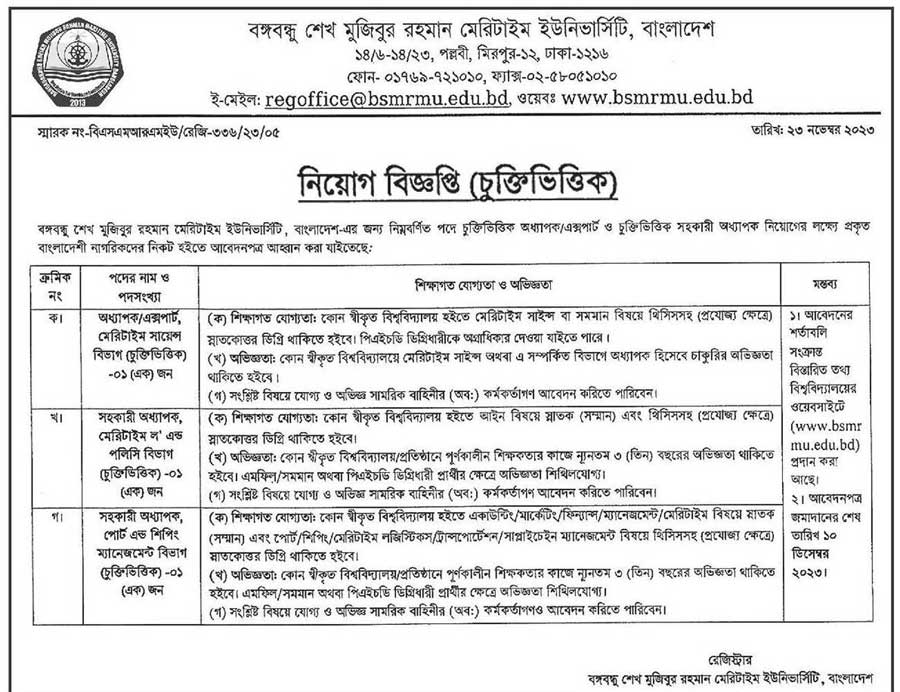 বঙ্গবন্ধু শেখ মুজিবুর রহমান মেরিটাইম ইউনিভার্সিটি নিয়োগ ২০২৩ | Bangabandhu maritime university job circular 2023