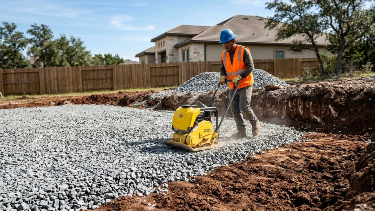 San Antonio clay soil and concrete patio base preparation with crushed limestone