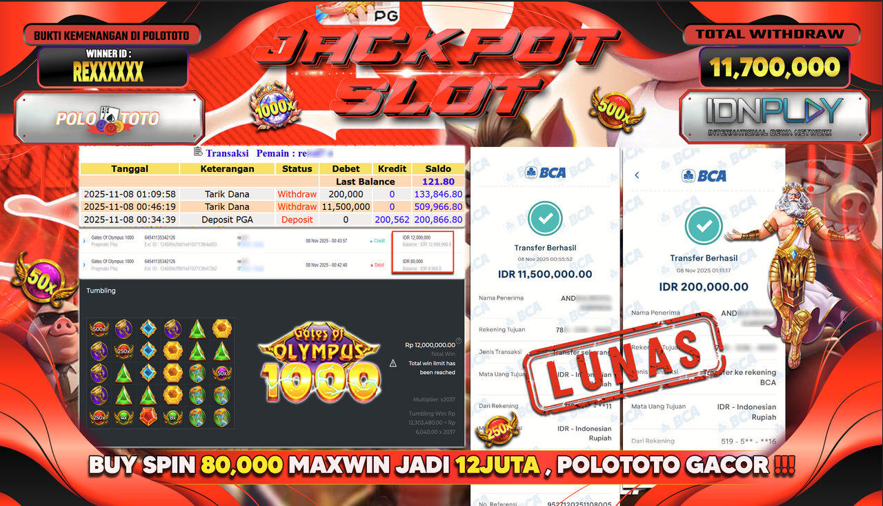 POLOTOTO JACKPOT SLOT GATES OF OLYMPUS 1000 Rp.11.700.000,- LUNAS