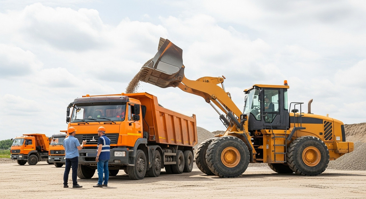 Погрузчик и самосвал на строительной площадке при выполнении работ, важность исправной спецтехники для бизнеса