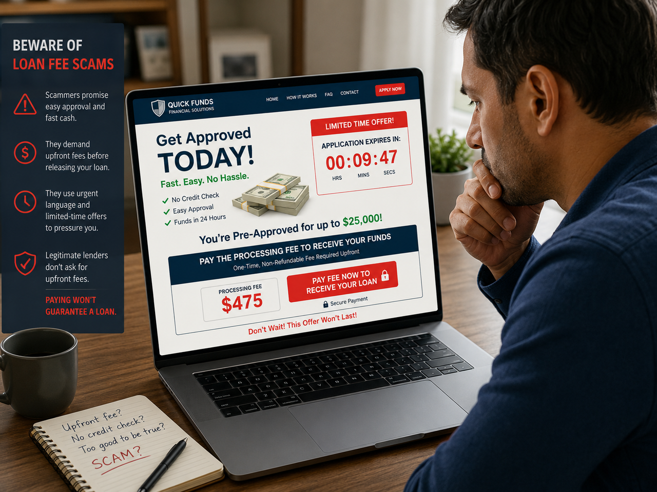 Loan fee scam website promising fast approval but asking for an upfront processing fee