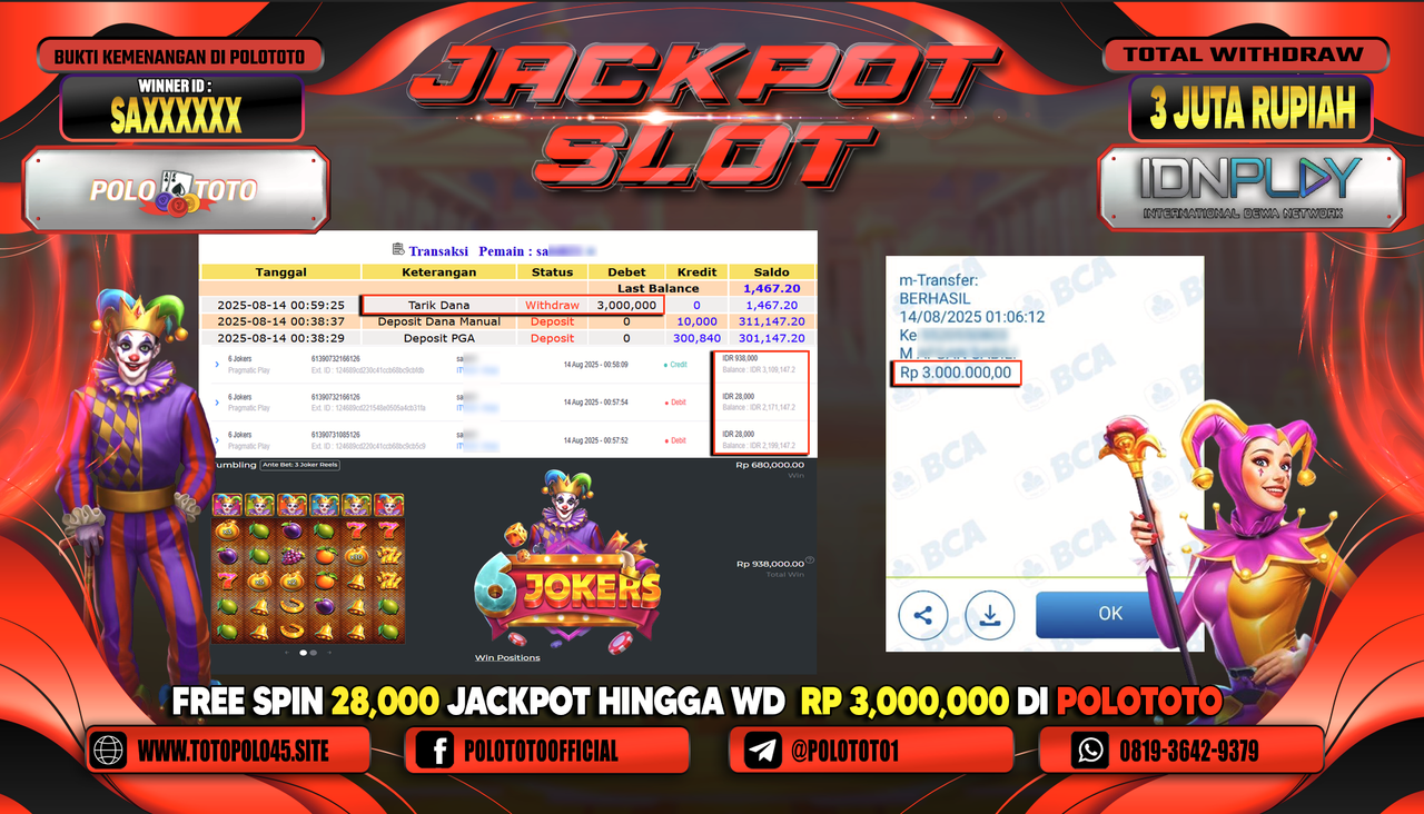 POLOTOTO JACKPOT SLOT 6 JOKER Rp.3.000.000,-LUNAS