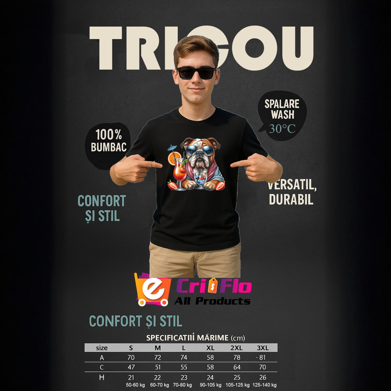 Tricou caine bulldog englez cocktail portocala pahar vara, Barbat, 100% bumbac, Cri-Flo, Culoare Negru, Marime L