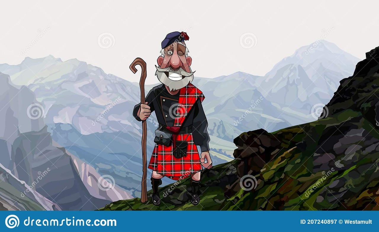 cartoon-smiling-gray-haired-scottish-highlander-kilt-staff-his-hand-stands-high-mountainside-2072408