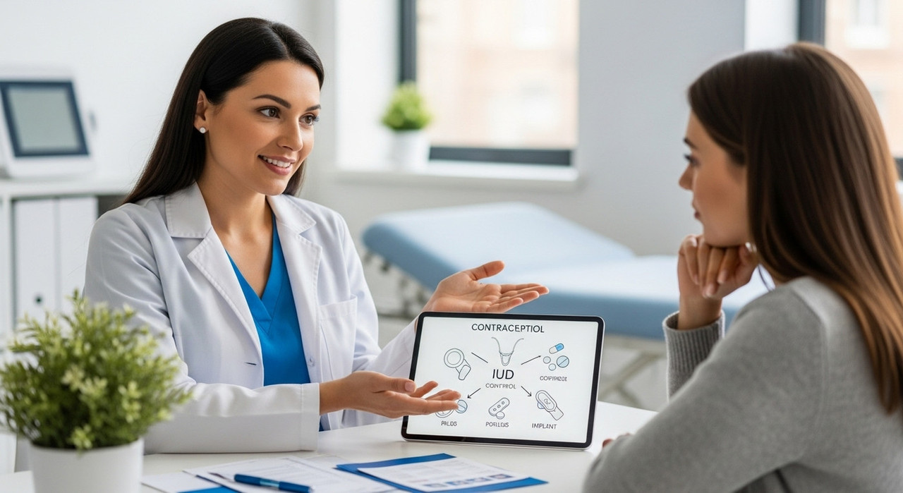 Врач объясняет методы контрацепции на планшете