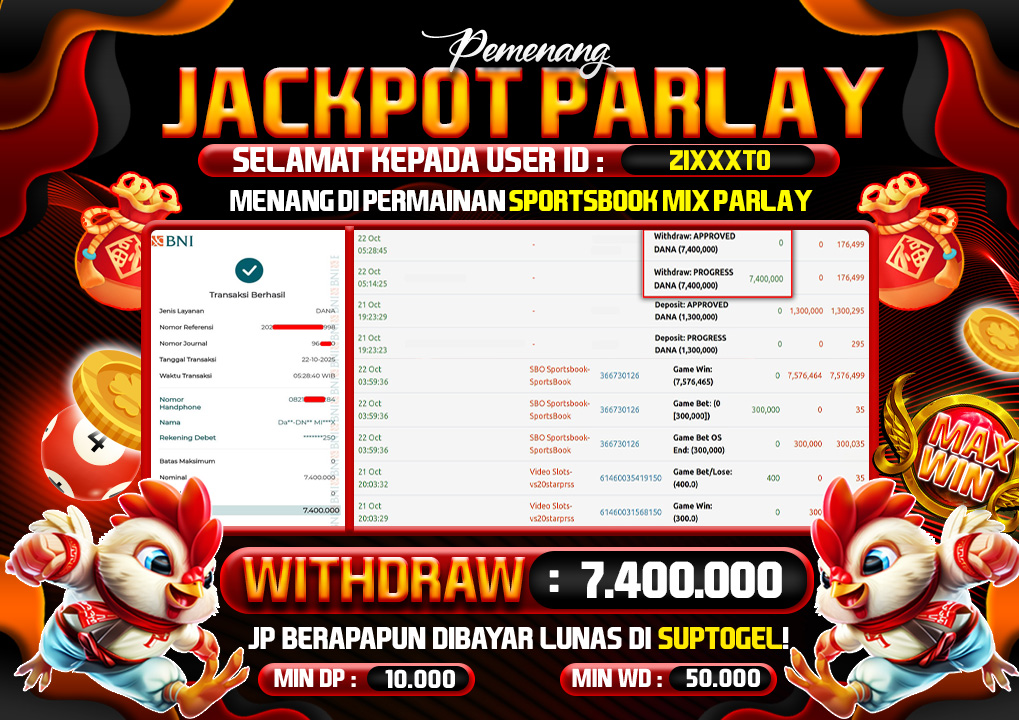  BUKTI KEMENANGAN 20 OCTOBER 2025 MENANG DI PERMAINAN SPORTBOOK MIX PARLAY 7.4JT
